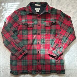 L L Bean Flannel sherpa lined mens plaid jacket shirt fleece Red Medium